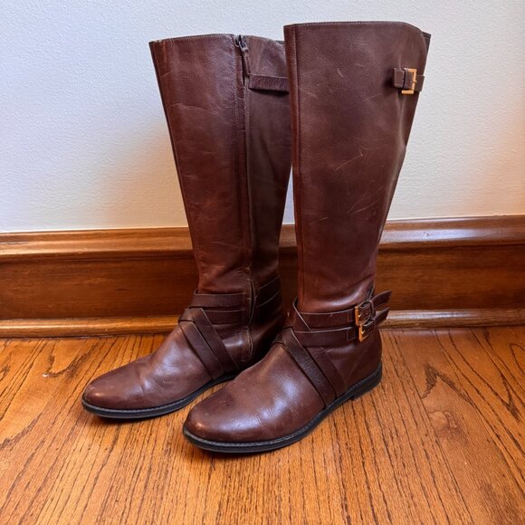 Cole Haan Brown Leather Riding Boots Size 9 Side Zip Fall Outfit Pumpkin Patch - Picture 1 of 16